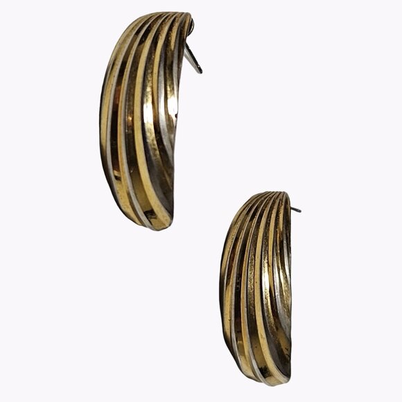 Elegant Vintage Gold Plated Chunky Croissant Hoop Earrings Textured  Jewelry - Picture 1 of 5